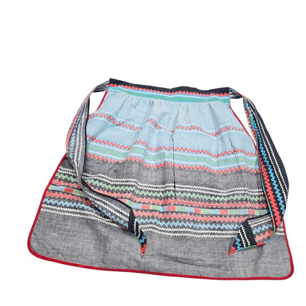 Vintage‎ Half Apron Black Blue Novelty Zig Zag Stripe Pocket Kitchen Baking Trad